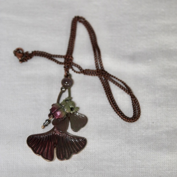 Copper & Gold Tone Ginkgo Leaf w/ Bug, Beads and a Bit of Sparkle Necklace - Picture 1 of 2